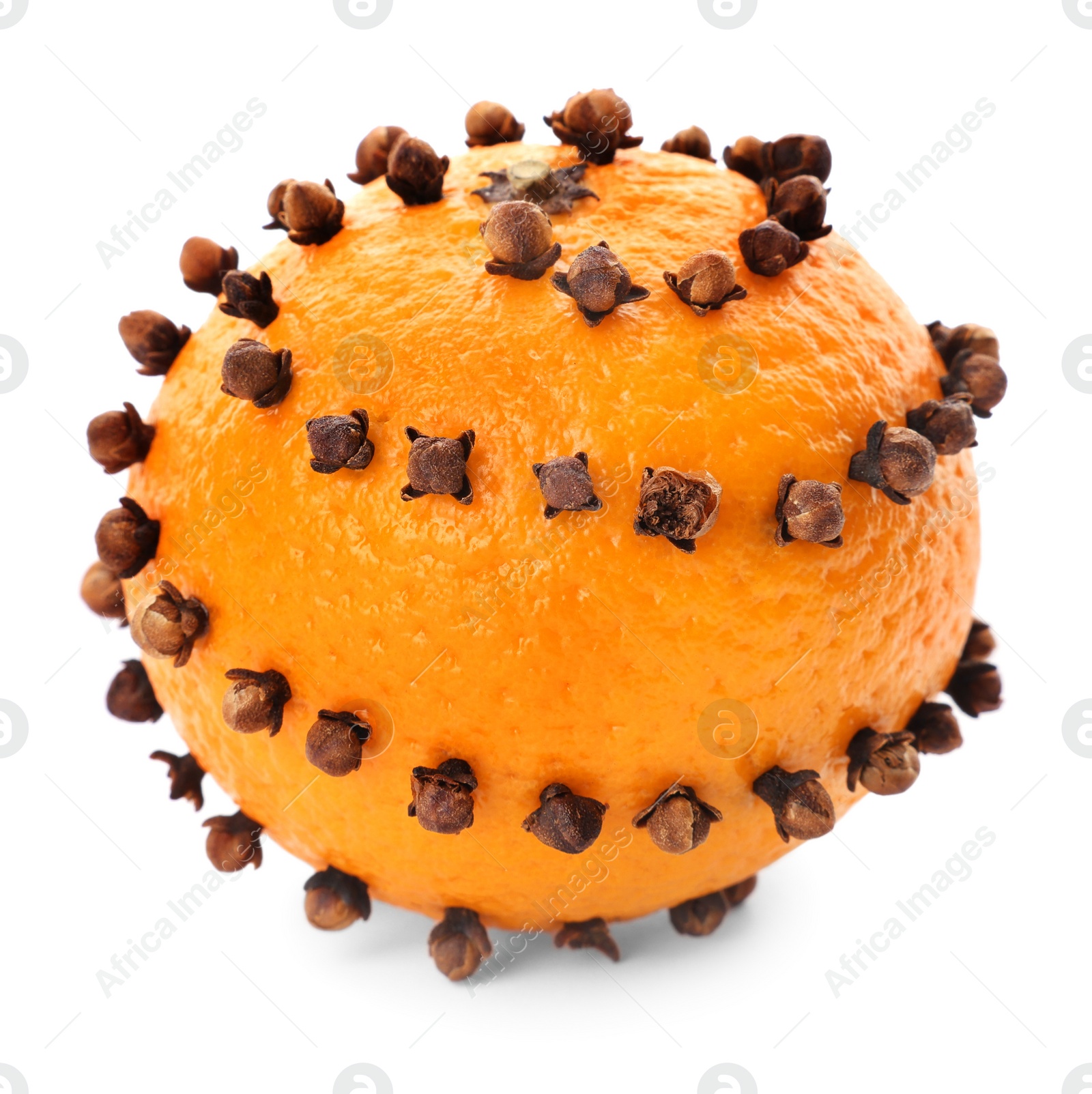 Photo of Pomander ball made of tangerine with cloves isolated on white