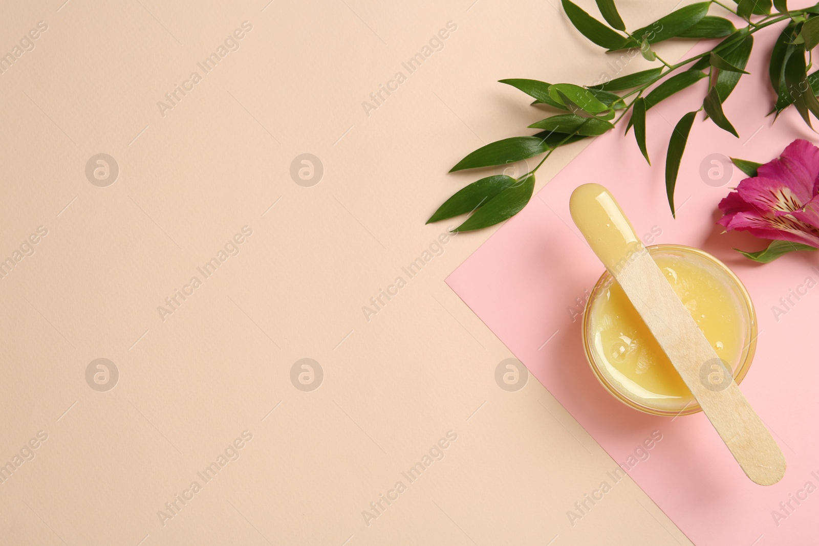 Photo of Wax with spatula and flower on color background, flat lay. Space for text