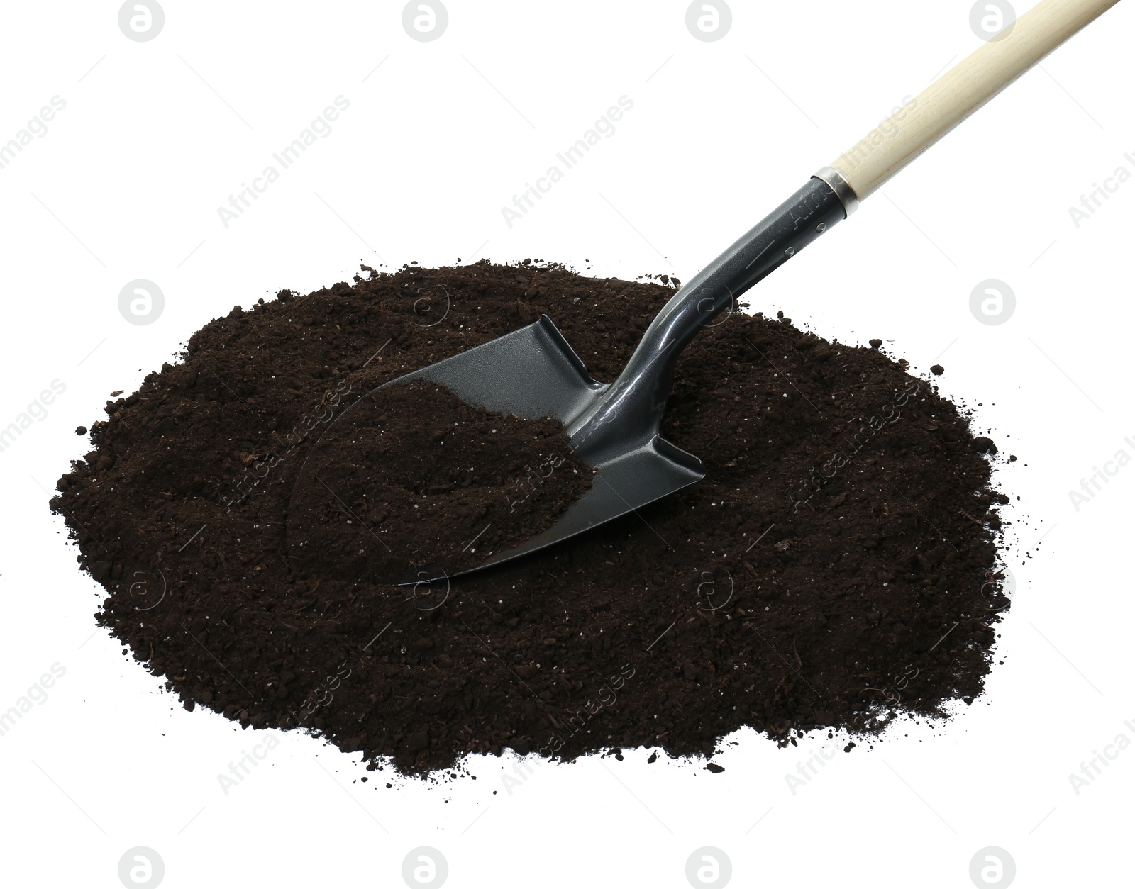 Shovel and pile of soil isolated on white Photo of Shovel and pile of soil isolated on white