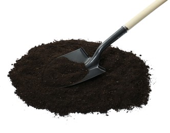 Photo of Shovel and pile of soil isolated on white