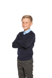 Photo of Little boy in stylish school uniform on white background