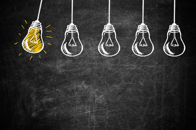 Image of Idea concept. Light bulbs drawn on chalkboard