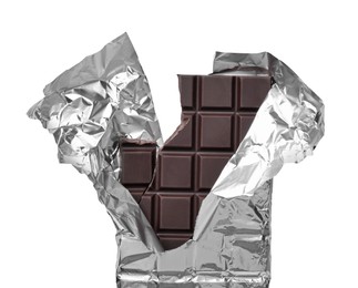 Broken dark chocolate bar wrapped in foil isolated on white, top view