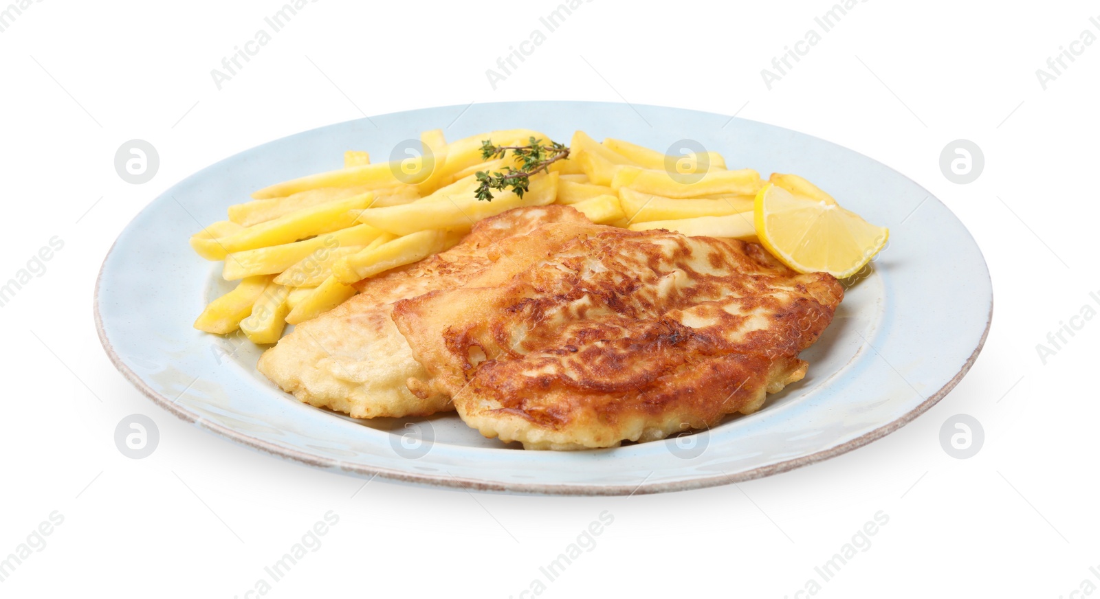 Photo of Tasty fish in soda water batter, potato chips and lemon slice isolated on white