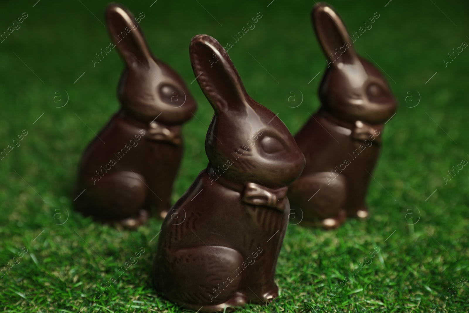 Photo of Chocolate bunnies on green grass. Easter celebration