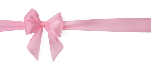 Photo of Pink satin ribbon with bow isolated on white, top view