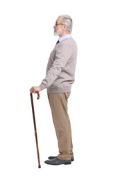 Senior man with walking cane on white background