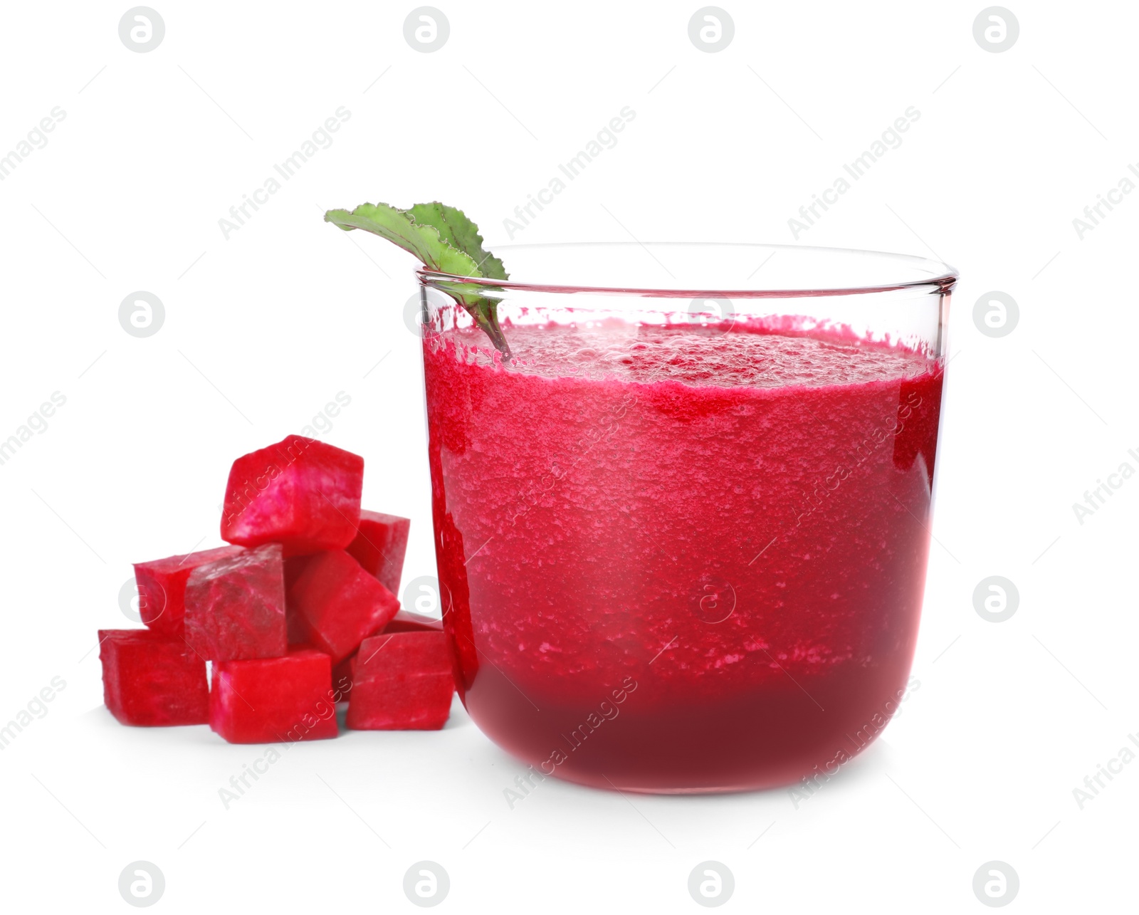 Photo of Glass of beet juice and fresh vegetable on white background