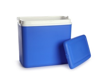 Open blue plastic cool box isolated on white