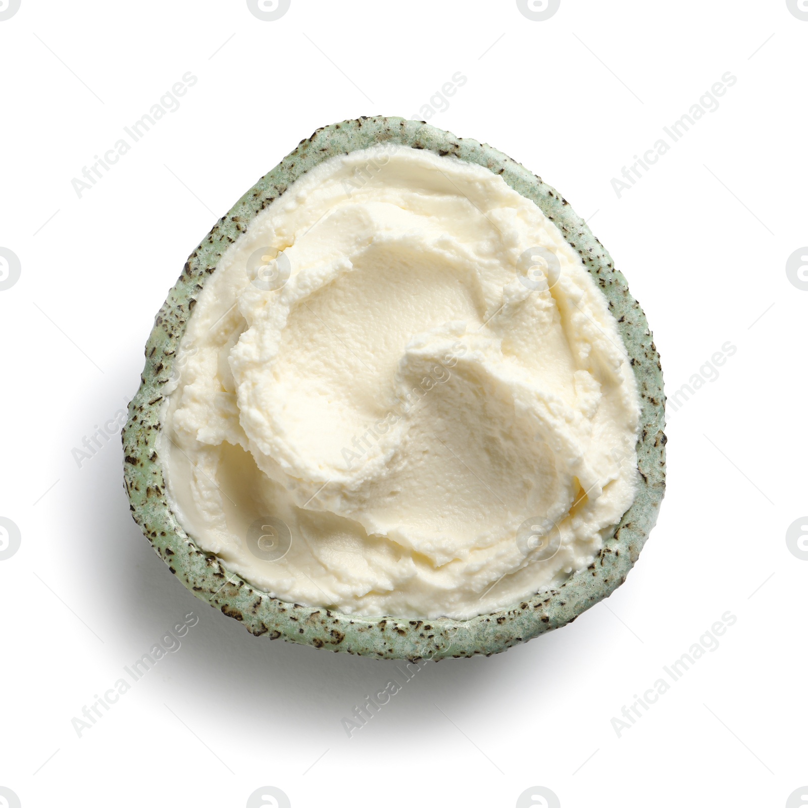 Photo of Bowl of tasty cream cheese on white background, top view