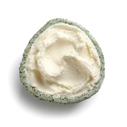 Photo of Bowl of tasty cream cheese on white background, top view