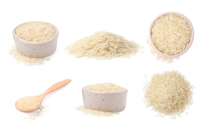 Image of Collage with uncooked rice isolated on white