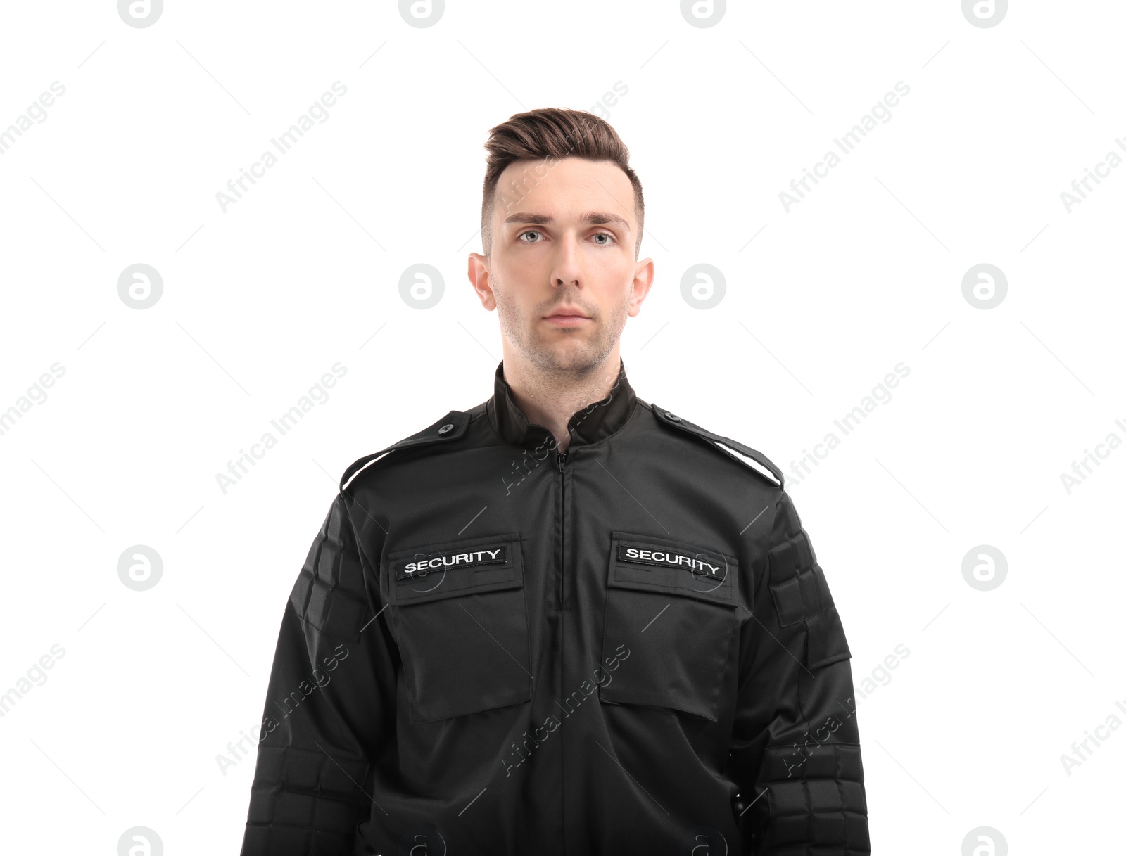 Photo of Male security guard in uniform on white background