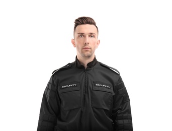 Male security guard in uniform on white background