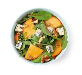 Photo of Tasty salad with persimmon, blue cheese and walnuts isolated on white, top view