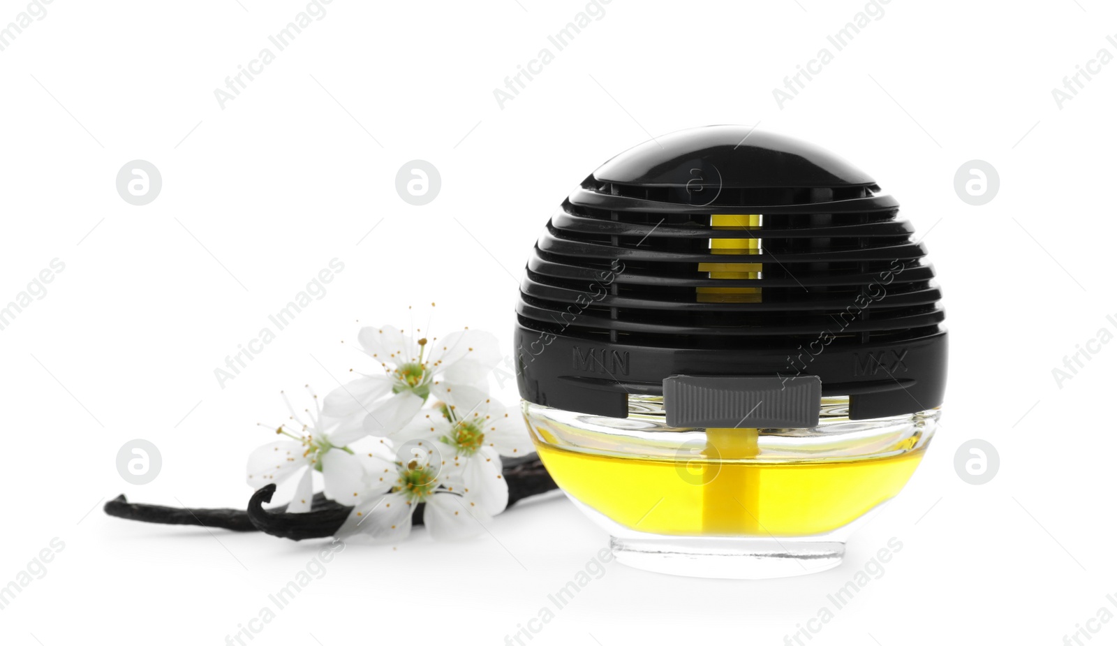 Photo of Car air freshener, flowers and vanilla pods on white background