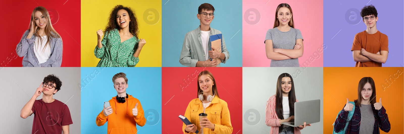 Image of Photos of teenagers on different color backgrounds, collage