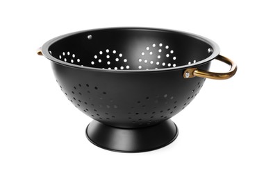 Photo of One black metal colander isolated on white