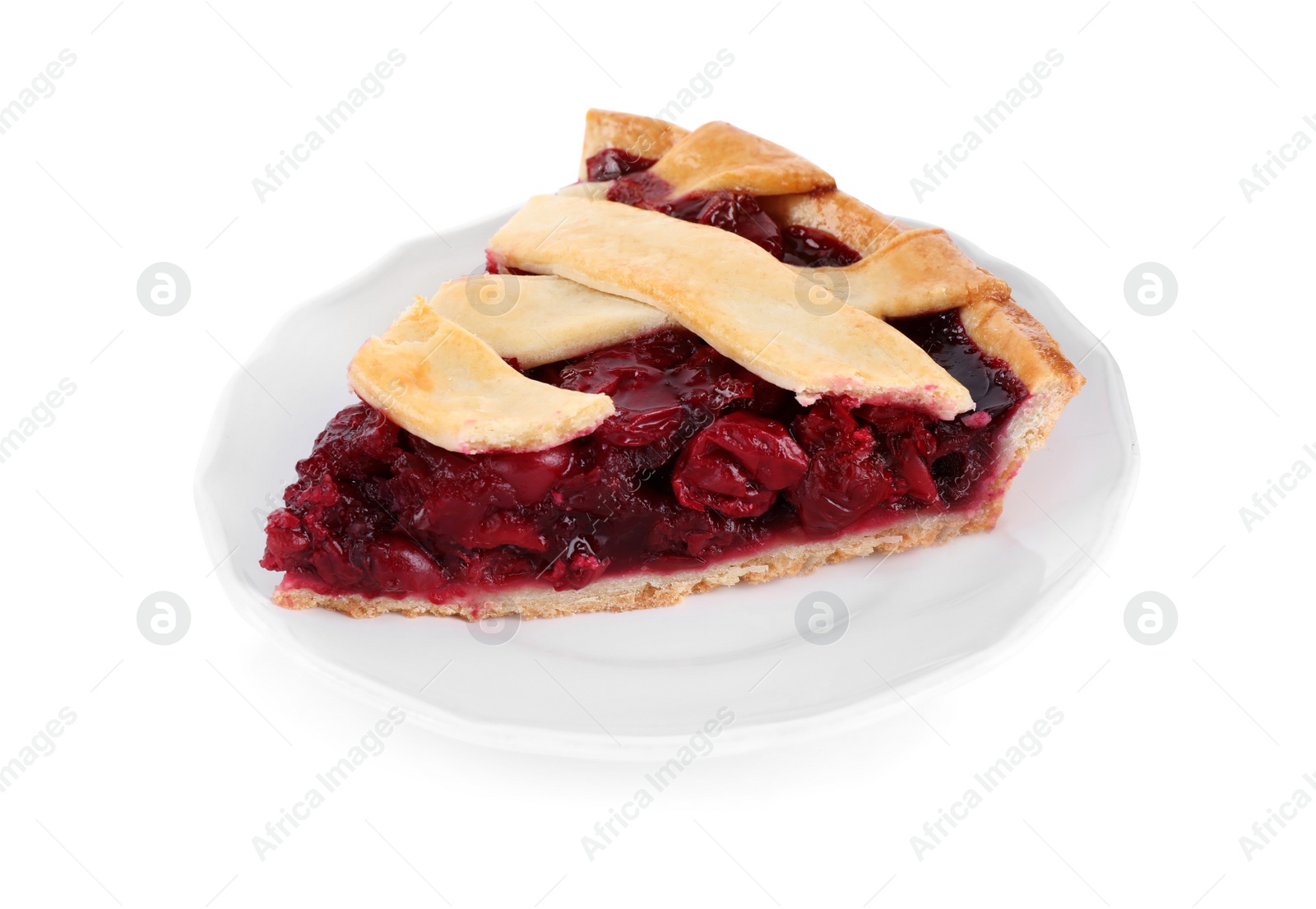 Photo of Slice of delicious fresh cherry pie isolated on white