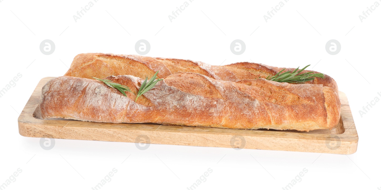 Photo of Crispy French baguettes with rosemary on white background. Fresh bread