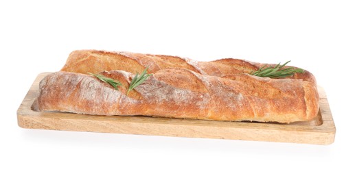 Crispy French baguettes with rosemary on white background. Fresh bread