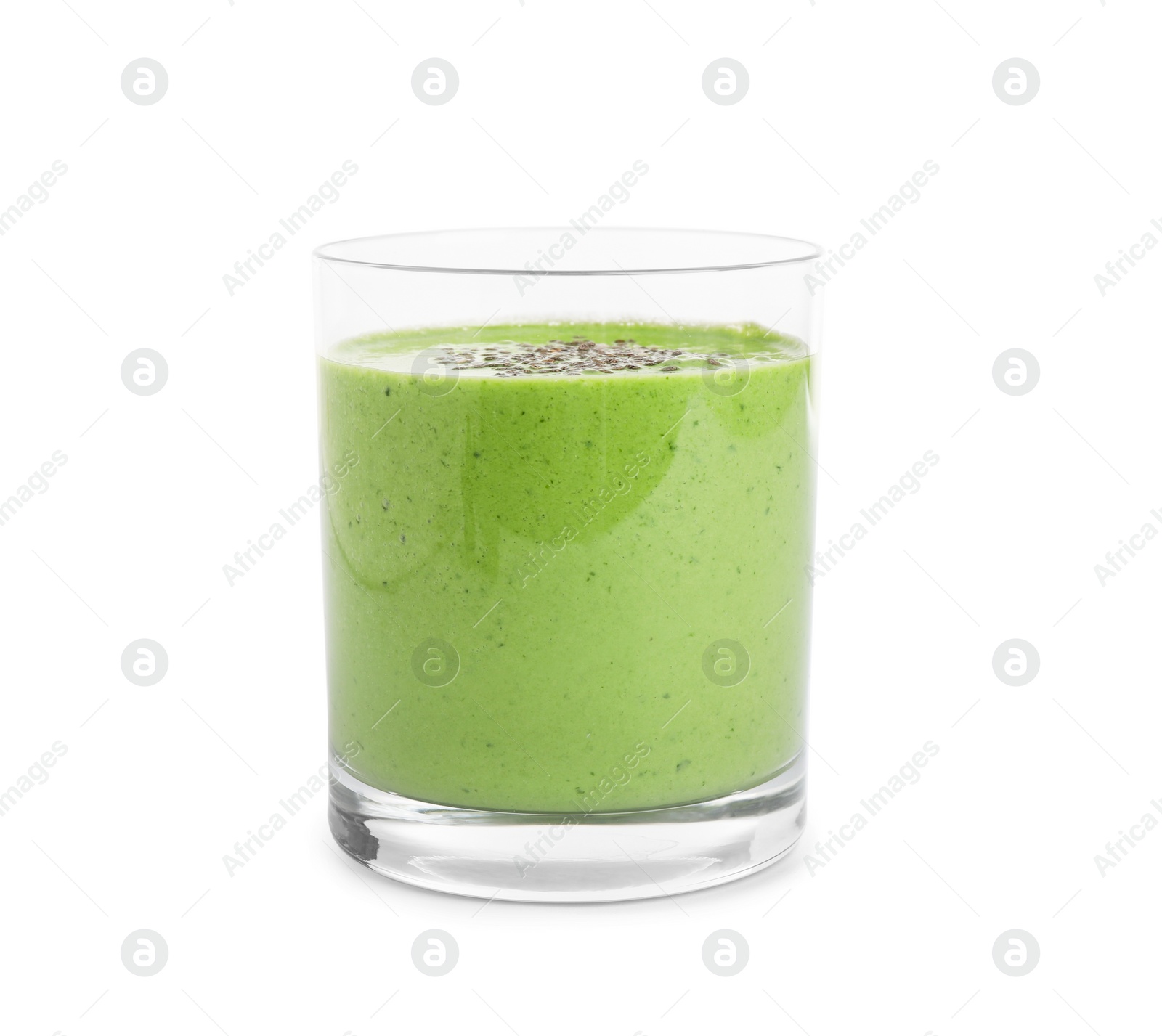 Photo of Tasty fresh kale smoothie on white background