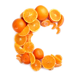 Letter C made with citrus fruits on white background as vitamin representation, top view