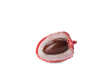 Photo of Fresh cut lychee with brown seed isolated on white
