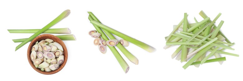 Image of Set with aromatic fresh lemongrass on white background, top view. Banner design