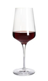 Photo of Glass of delicious expensive red wine on white background