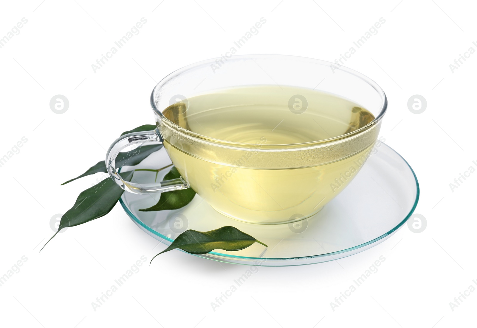 Photo of Refreshing green tea in cup and leaves isolated on white