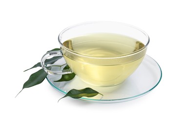 Photo of Refreshing green tea in cup and leaves isolated on white