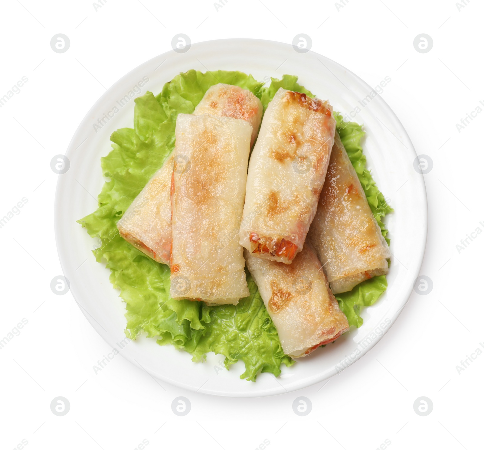 Photo of Delicious fried spring rolls isolated on white, top view