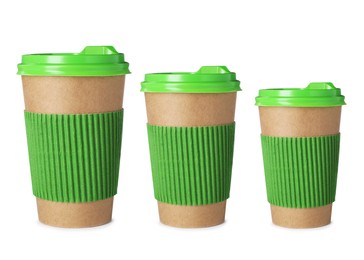 Image of Paper coffee cups of different sizes on white background, collage