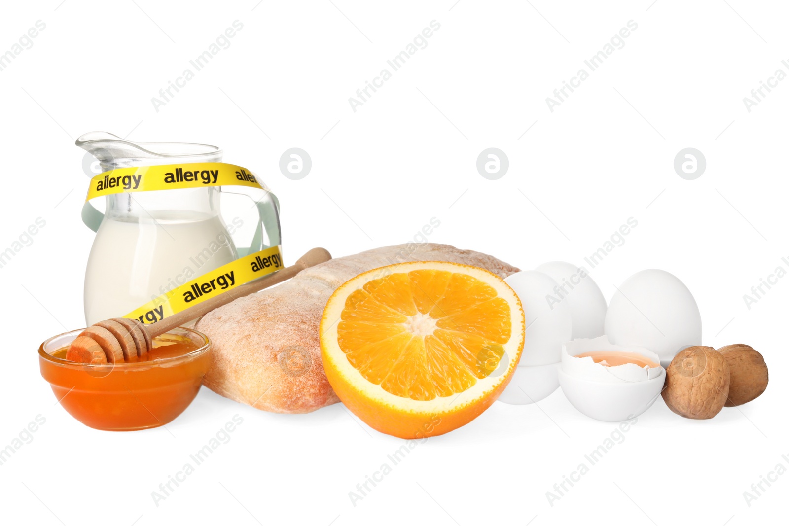 Photo of Allergenic food. Different fresh products with tape isolated on white