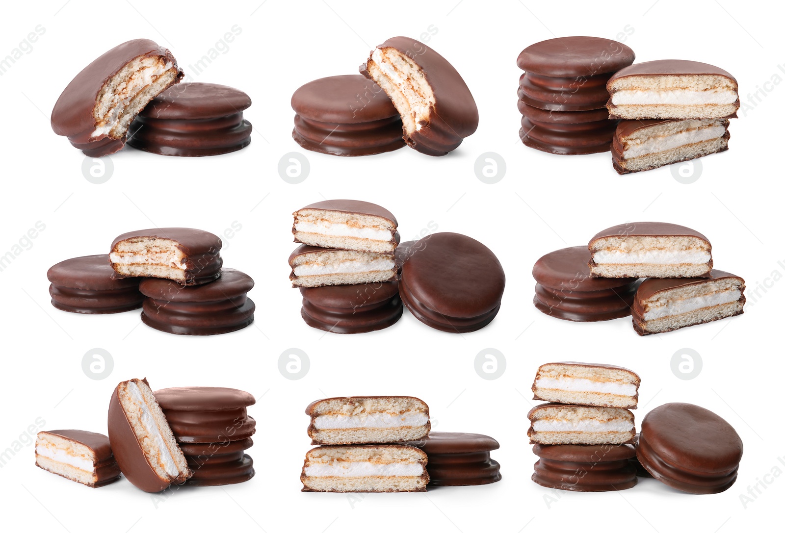 Image of Set with tasty choco pies on white background