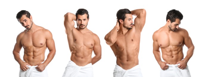Image of Collage with photos of attractive man with soft towels on white background. Banner design