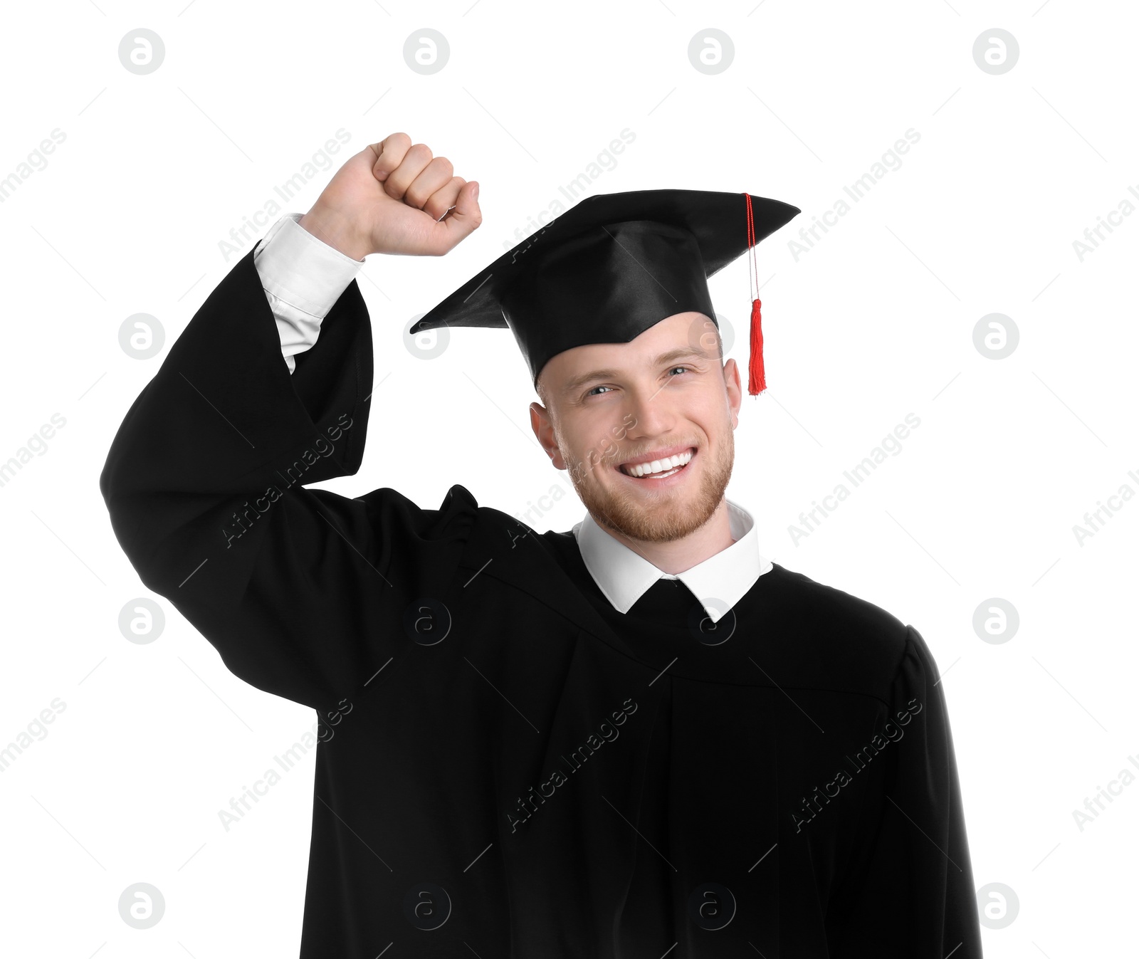 Photo of Happy student wearing graduation hat on white background