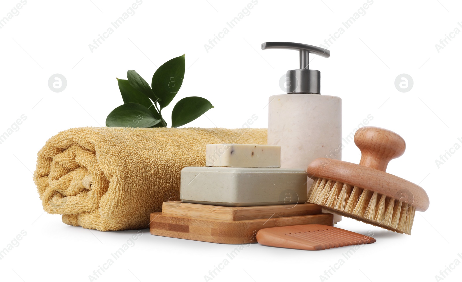 Photo of Different spa supplies and floral decor isolated on white