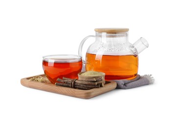 Photo of Aromatic licorice tea, dried sticks of licorice root and powder on white background