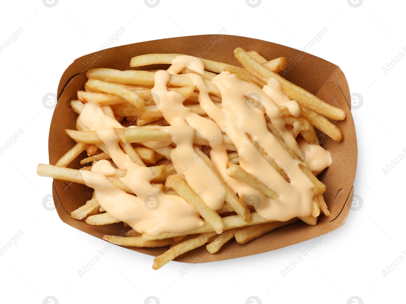 Photo of Delicious French fries with cheese sauce isolated on white, top view