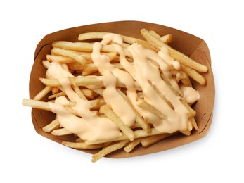 Delicious French fries with cheese sauce isolated on white, top view