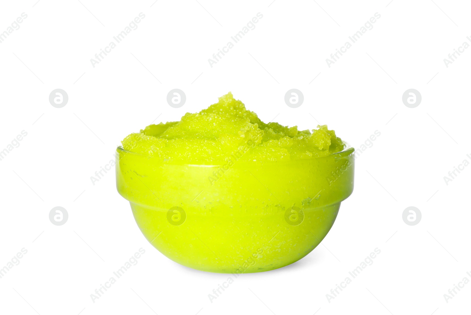 Photo of Glass bowl of green body scrub isolated on white