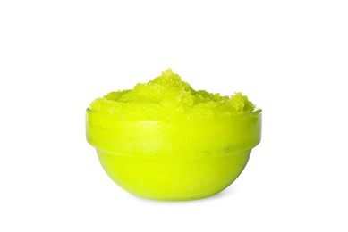 Glass bowl of green body scrub isolated on white