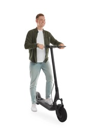 Happy man with modern electric kick scooter on white background