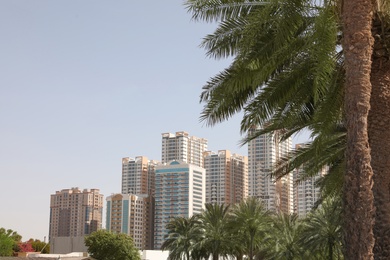 AJMAN, UNITED ARAB EMIRATES - NOVEMBER 04, 2018: Landscape with modern multi-storey buildings on sunny day