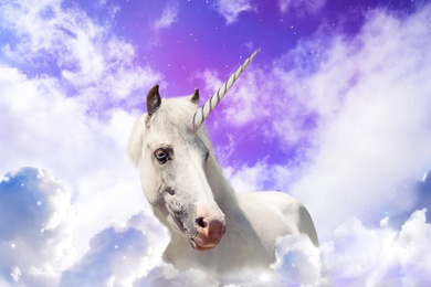 Image of Magic unicorn in fantastic sky with fluffy clouds