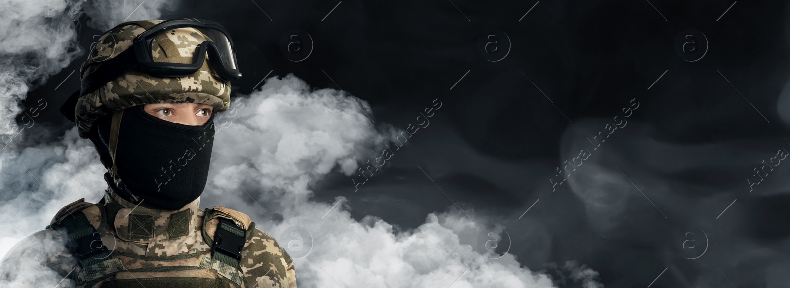 Image of Armed soldier in smoke on black background, space for text. Banner design