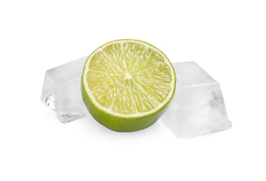 Photo of Crystal clear ice cubes and lime on white background