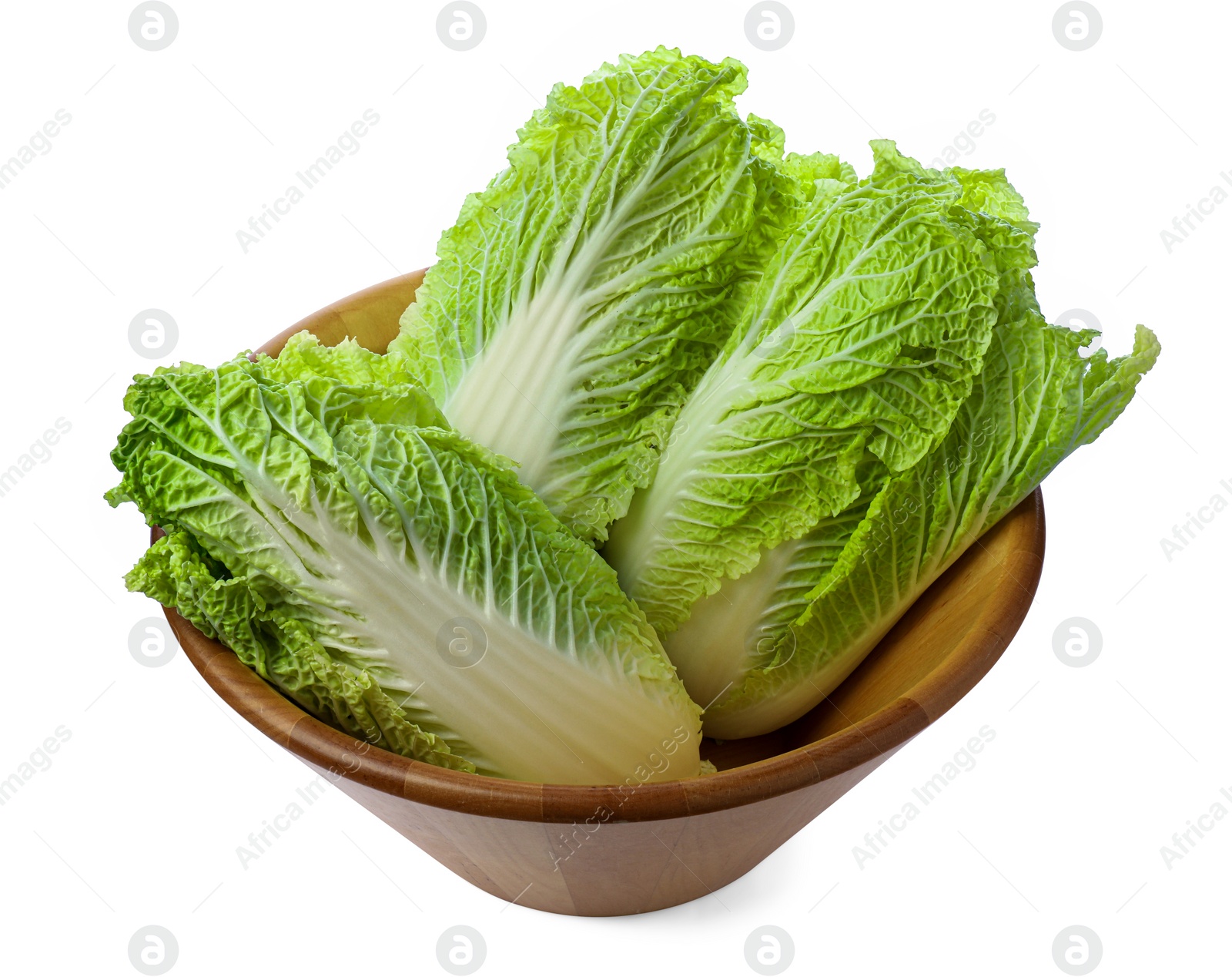 Photo of Fresh tasty Chinese cabbages in bowl on white background